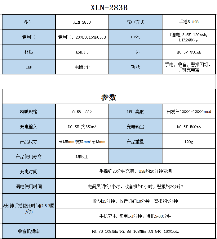 新岭南 多功能手摇手电 XLN-283B 参数表