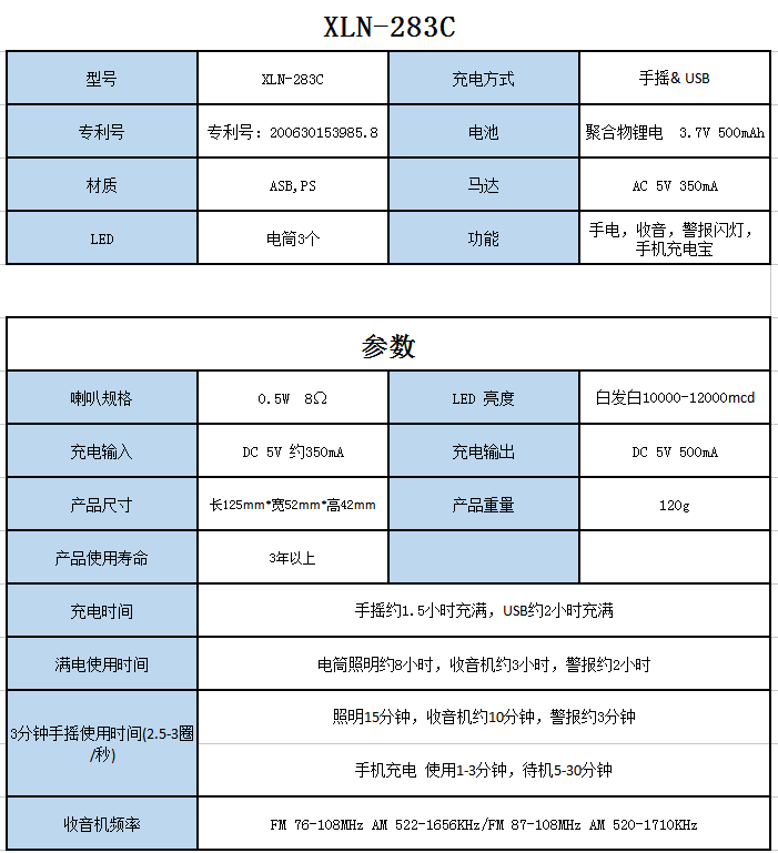 新岭南 多功能手摇手电 XLN-283C 参数表